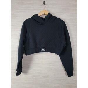 Alo Women's Cropped Hoodie Black Quilted Pullover Long Sleeve Athletic